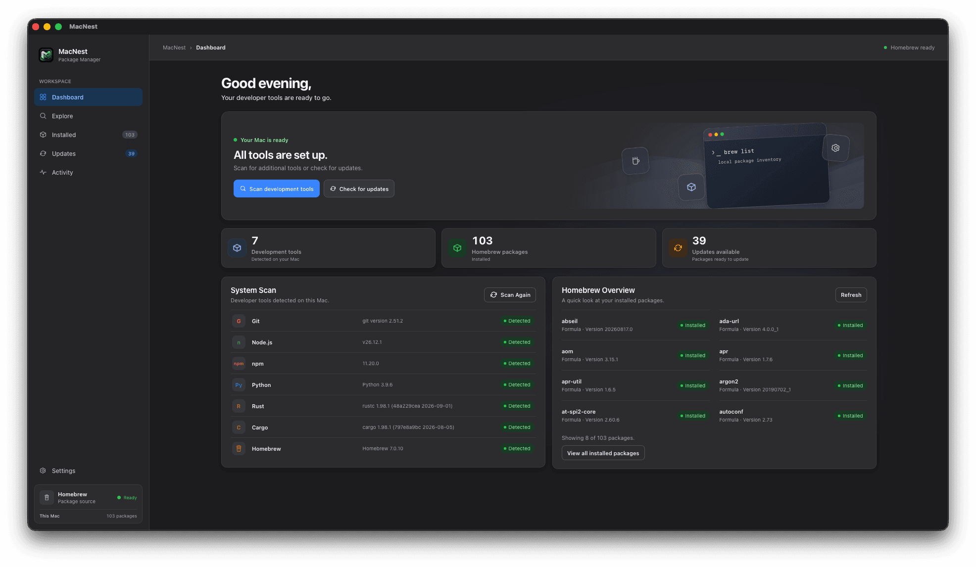 MacNest desktop application dashboard in dark appearance